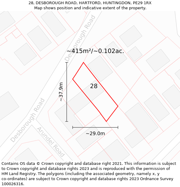 28, DESBOROUGH ROAD, HARTFORD, HUNTINGDON, PE29 1RX: Plot and title map