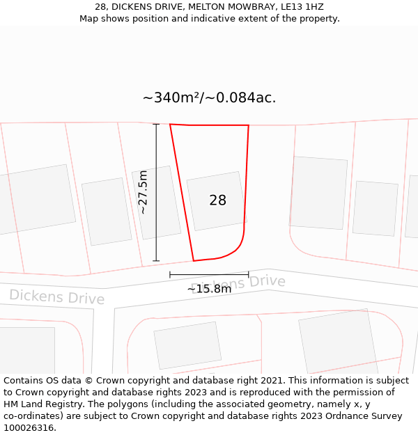 28, DICKENS DRIVE, MELTON MOWBRAY, LE13 1HZ: Plot and title map