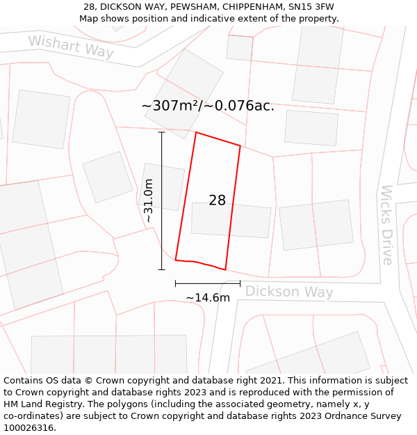 28, DICKSON WAY, PEWSHAM, CHIPPENHAM, SN15 3FW: Plot and title map