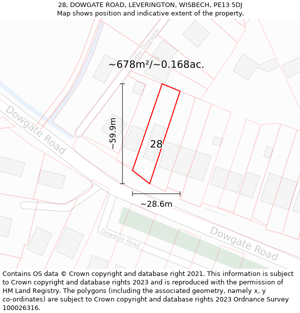 28, DOWGATE ROAD, LEVERINGTON, WISBECH, PE13 5DJ: Plot and title map