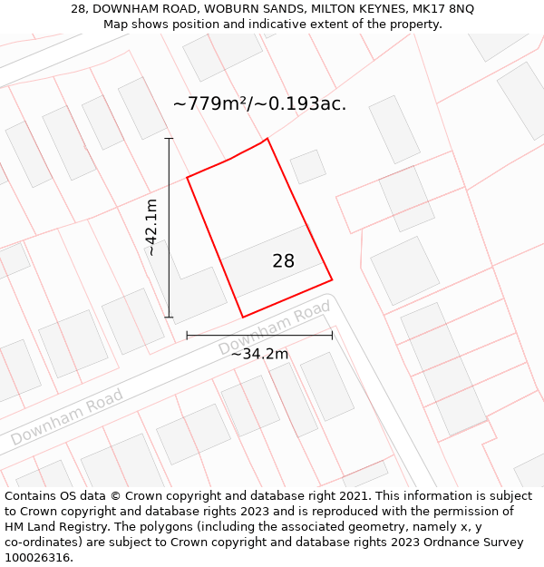 28, DOWNHAM ROAD, WOBURN SANDS, MILTON KEYNES, MK17 8NQ: Plot and title map