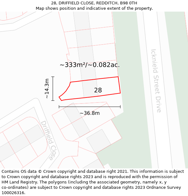 28, DRIFFIELD CLOSE, REDDITCH, B98 0TH: Plot and title map