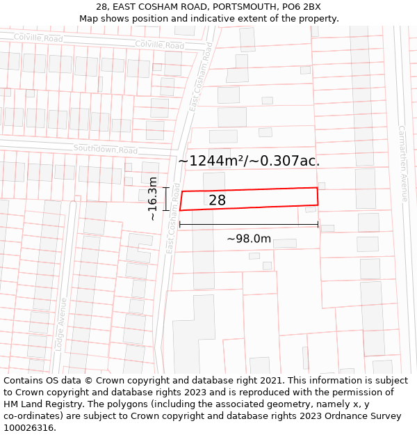 28, EAST COSHAM ROAD, PORTSMOUTH, PO6 2BX: Plot and title map