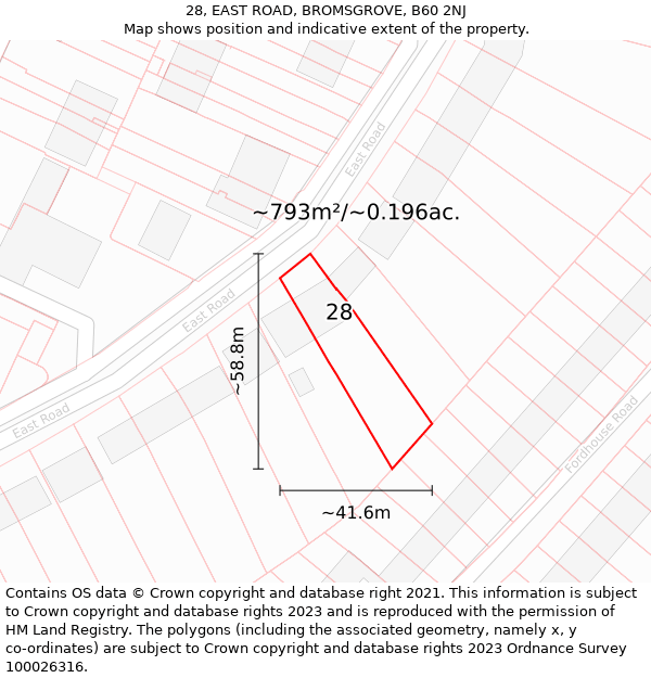 28, EAST ROAD, BROMSGROVE, B60 2NJ: Plot and title map