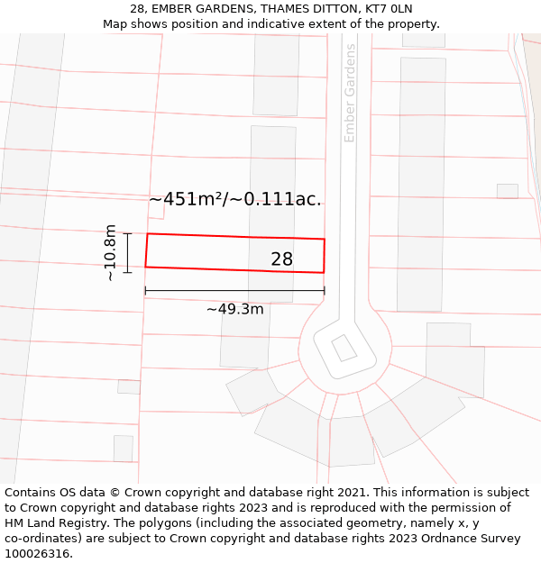 28, EMBER GARDENS, THAMES DITTON, KT7 0LN: Plot and title map