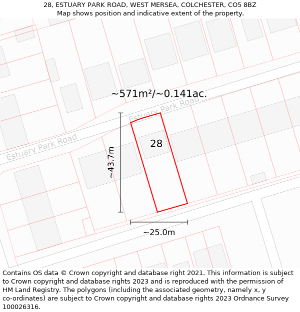 28, ESTUARY PARK ROAD, WEST MERSEA, COLCHESTER, CO5 8BZ: Plot and title map