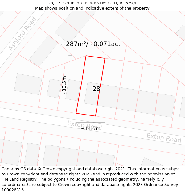 28, EXTON ROAD, BOURNEMOUTH, BH6 5QF: Plot and title map