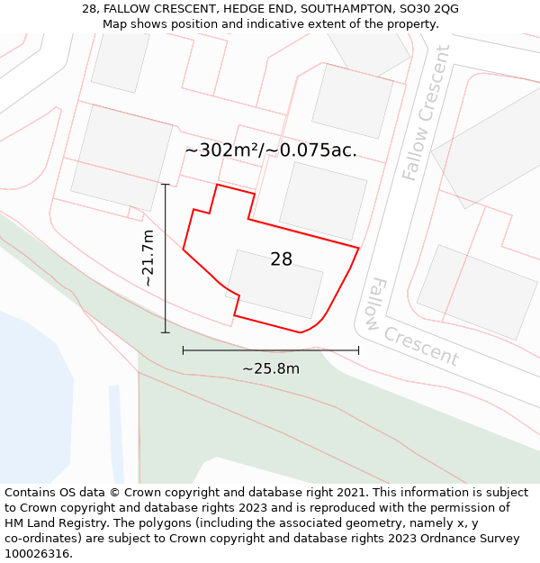 28, FALLOW CRESCENT, HEDGE END, SOUTHAMPTON, SO30 2QG: Plot and title map