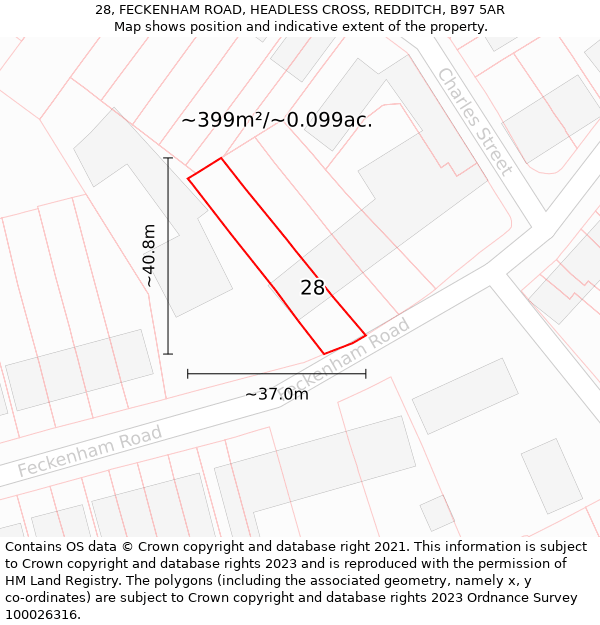 28, FECKENHAM ROAD, HEADLESS CROSS, REDDITCH, B97 5AR: Plot and title map