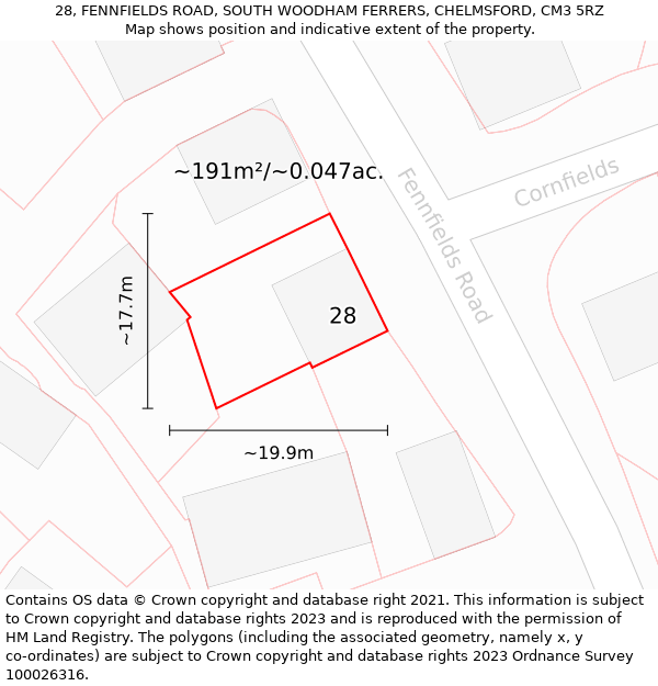 28, FENNFIELDS ROAD, SOUTH WOODHAM FERRERS, CHELMSFORD, CM3 5RZ: Plot and title map