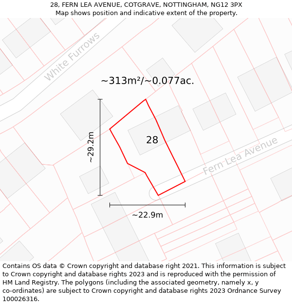 28, FERN LEA AVENUE, COTGRAVE, NOTTINGHAM, NG12 3PX: Plot and title map