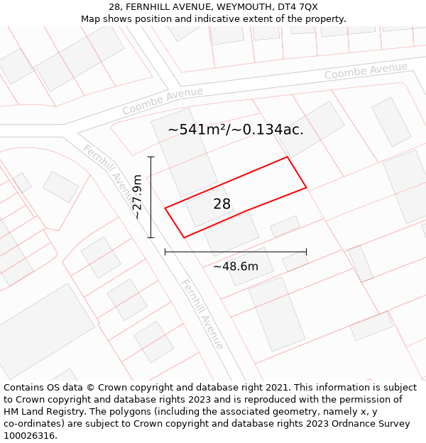 28, FERNHILL AVENUE, WEYMOUTH, DT4 7QX: Plot and title map