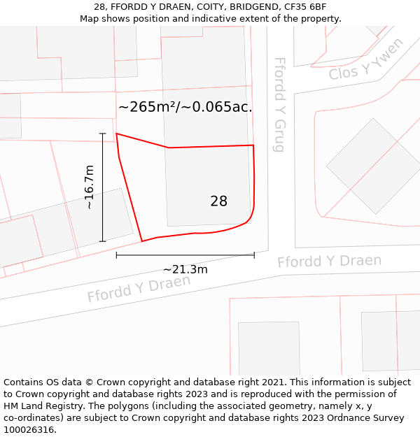 28, FFORDD Y DRAEN, COITY, BRIDGEND, CF35 6BF: Plot and title map