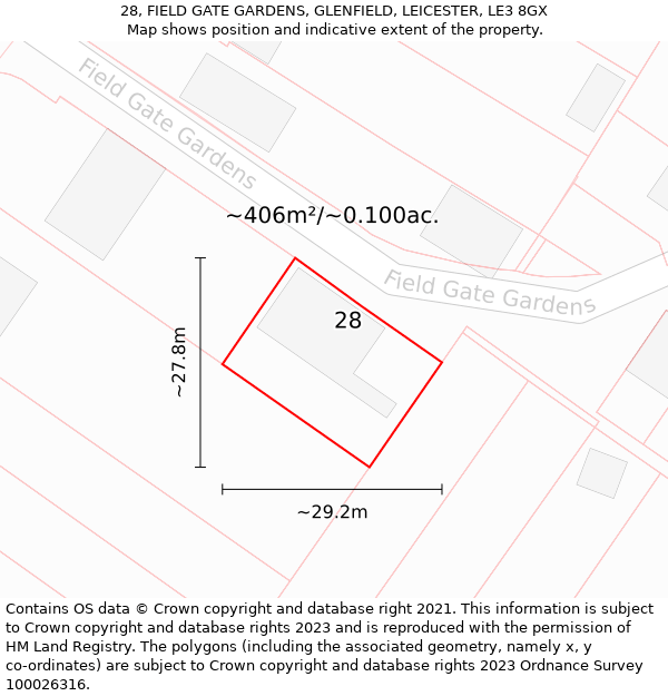 28, FIELD GATE GARDENS, GLENFIELD, LEICESTER, LE3 8GX: Plot and title map