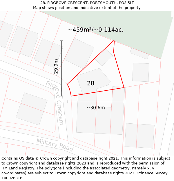 28, FIRGROVE CRESCENT, PORTSMOUTH, PO3 5LT: Plot and title map