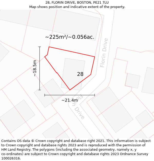 28, FLORIN DRIVE, BOSTON, PE21 7LU: Plot and title map