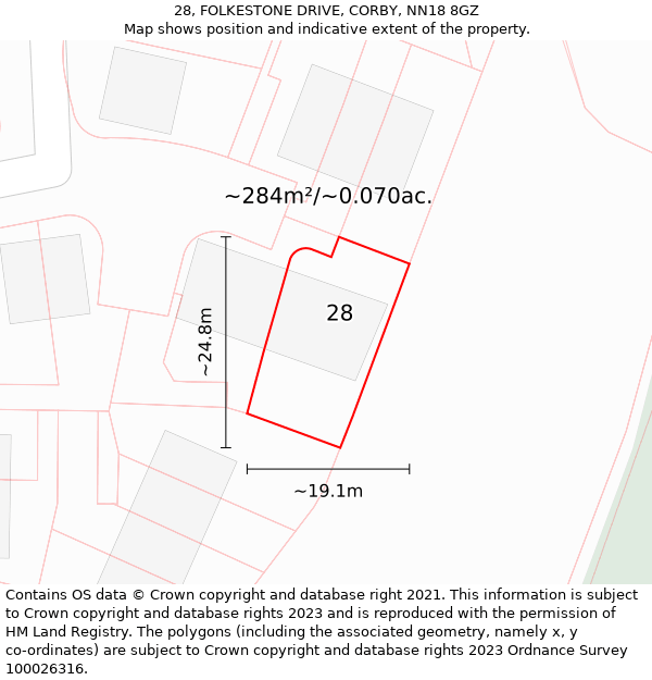 28, FOLKESTONE DRIVE, CORBY, NN18 8GZ: Plot and title map