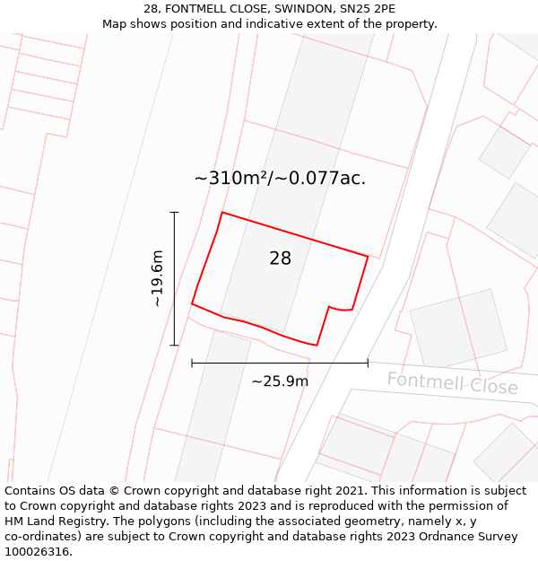 28, FONTMELL CLOSE, SWINDON, SN25 2PE: Plot and title map