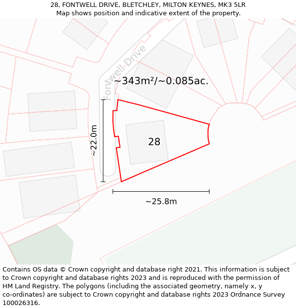 28, FONTWELL DRIVE, BLETCHLEY, MILTON KEYNES, MK3 5LR: Plot and title map