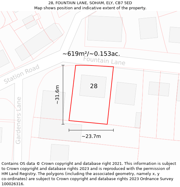 28, FOUNTAIN LANE, SOHAM, ELY, CB7 5ED: Plot and title map