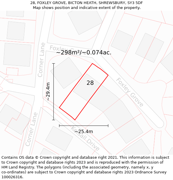 28, FOXLEY GROVE, BICTON HEATH, SHREWSBURY, SY3 5DF: Plot and title map