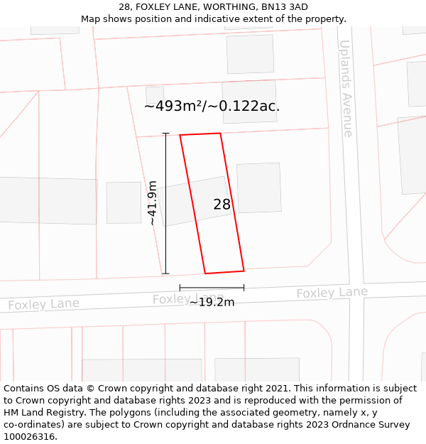 28, FOXLEY LANE, WORTHING, BN13 3AD: Plot and title map