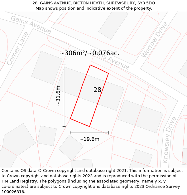 28, GAINS AVENUE, BICTON HEATH, SHREWSBURY, SY3 5DQ: Plot and title map