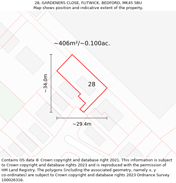 28, GARDENERS CLOSE, FLITWICK, BEDFORD, MK45 5BU: Plot and title map