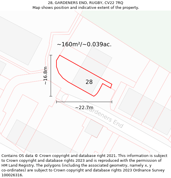 28, GARDENERS END, RUGBY, CV22 7RQ: Plot and title map