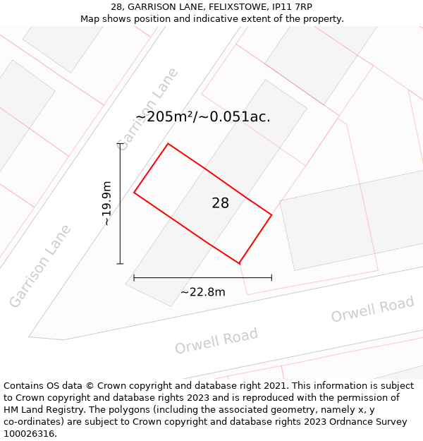 28, GARRISON LANE, FELIXSTOWE, IP11 7RP: Plot and title map