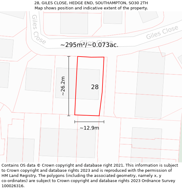 28, GILES CLOSE, HEDGE END, SOUTHAMPTON, SO30 2TH: Plot and title map