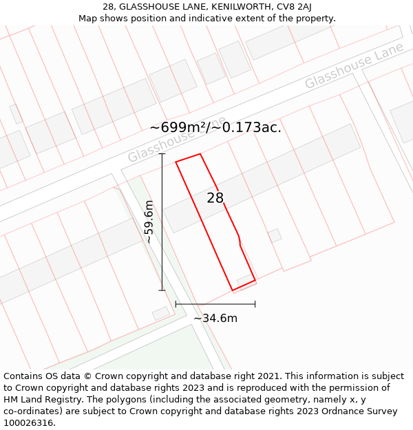 28, GLASSHOUSE LANE, KENILWORTH, CV8 2AJ: Plot and title map