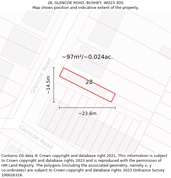 28, GLENCOE ROAD, BUSHEY, WD23 3DS: Plot and title map