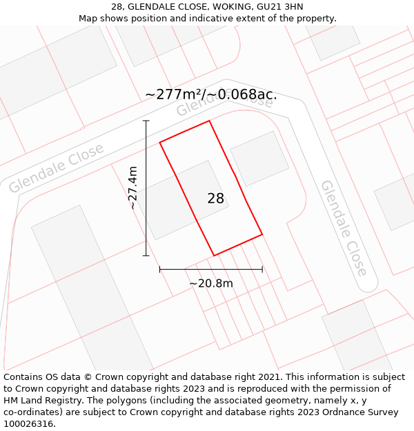 28, GLENDALE CLOSE, WOKING, GU21 3HN: Plot and title map