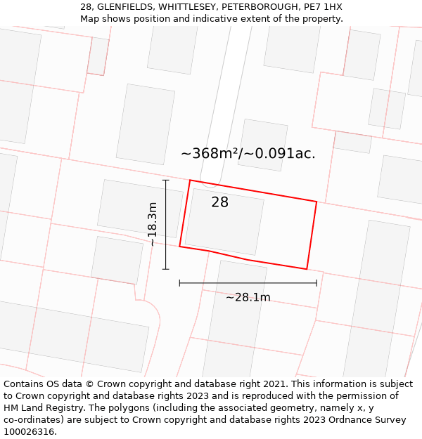 28, GLENFIELDS, WHITTLESEY, PETERBOROUGH, PE7 1HX: Plot and title map