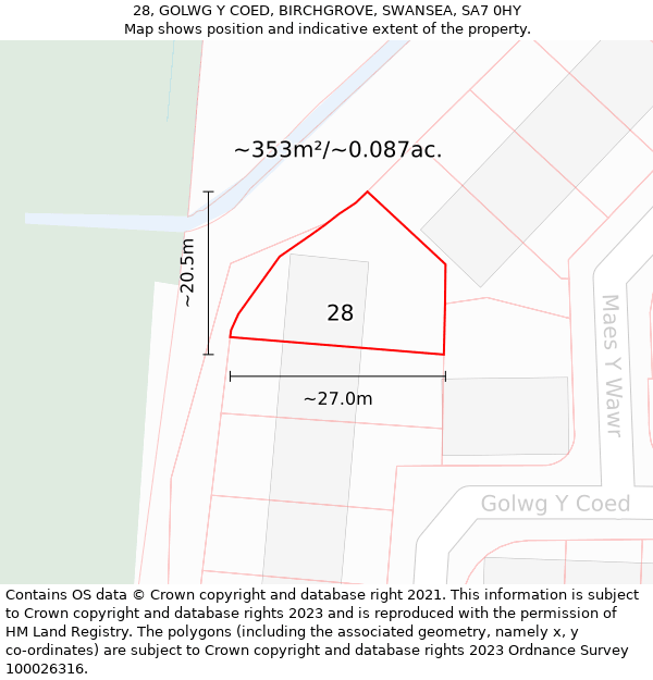 28, GOLWG Y COED, BIRCHGROVE, SWANSEA, SA7 0HY: Plot and title map