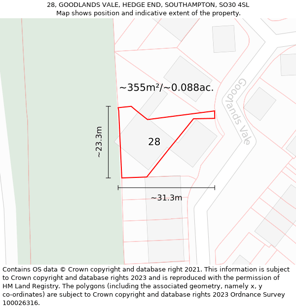 28, GOODLANDS VALE, HEDGE END, SOUTHAMPTON, SO30 4SL: Plot and title map