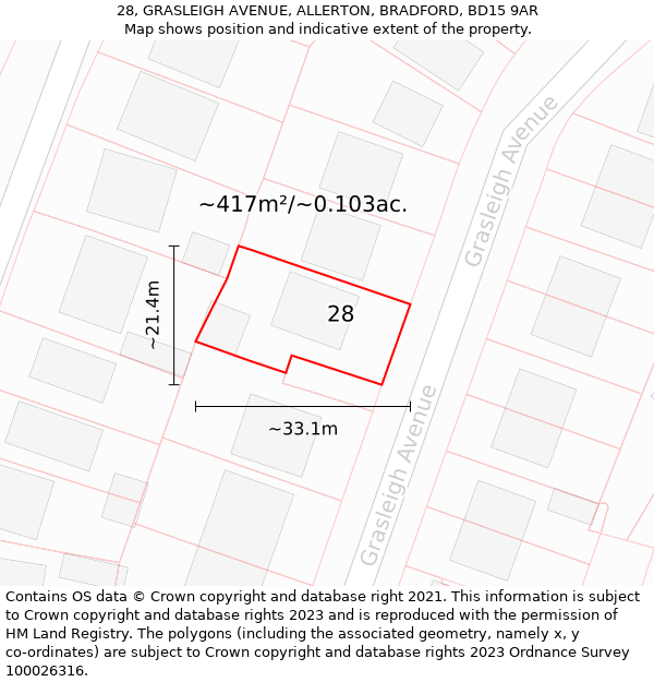 28, GRASLEIGH AVENUE, ALLERTON, BRADFORD, BD15 9AR: Plot and title map