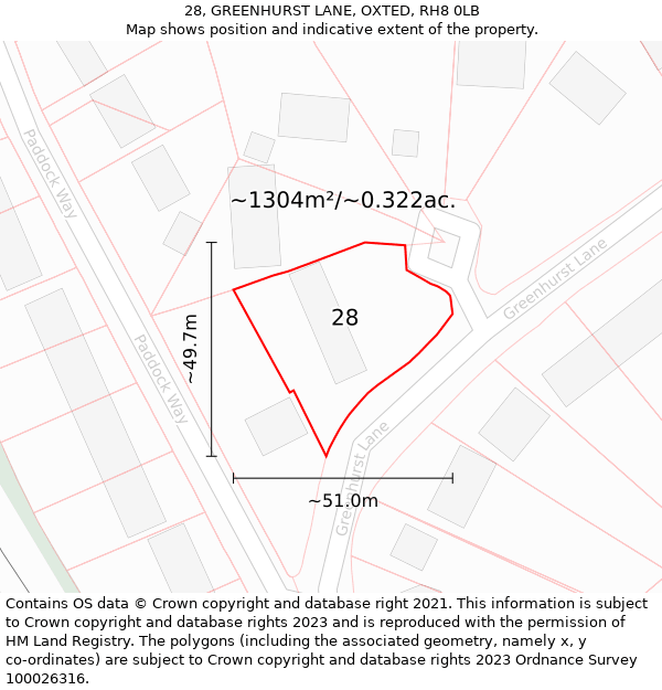 28, GREENHURST LANE, OXTED, RH8 0LB: Plot and title map