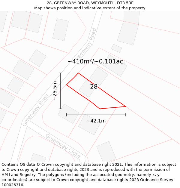 28, GREENWAY ROAD, WEYMOUTH, DT3 5BE: Plot and title map