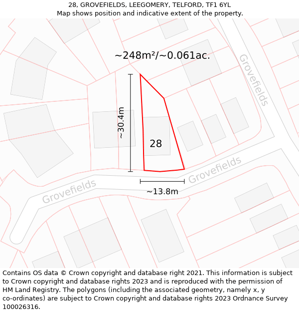 28, GROVEFIELDS, LEEGOMERY, TELFORD, TF1 6YL: Plot and title map