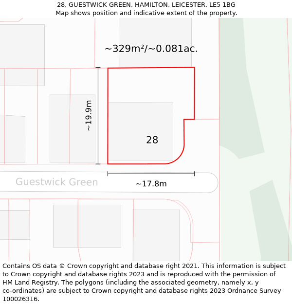 28, GUESTWICK GREEN, HAMILTON, LEICESTER, LE5 1BG: Plot and title map