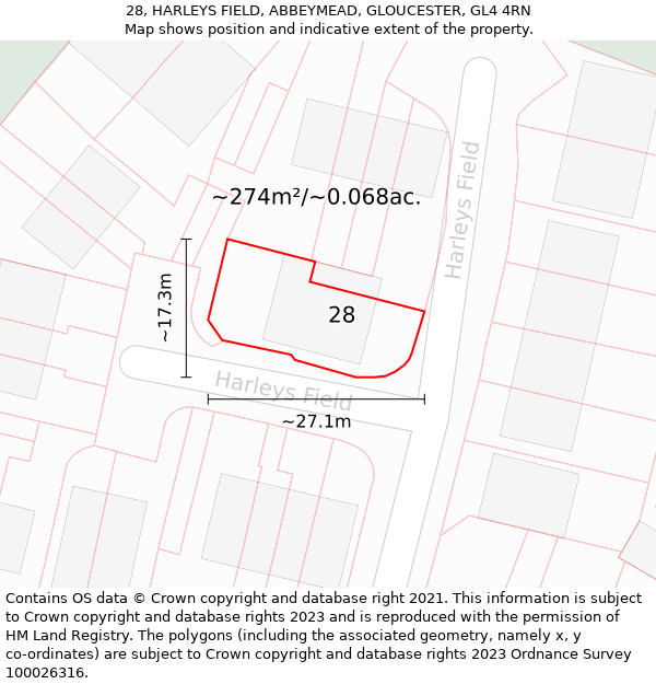 28, HARLEYS FIELD, ABBEYMEAD, GLOUCESTER, GL4 4RN: Plot and title map