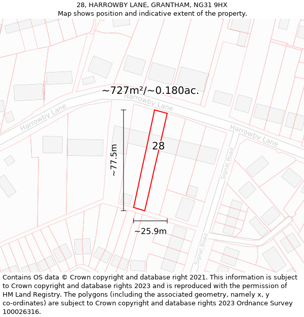 28, HARROWBY LANE, GRANTHAM, NG31 9HX: Plot and title map