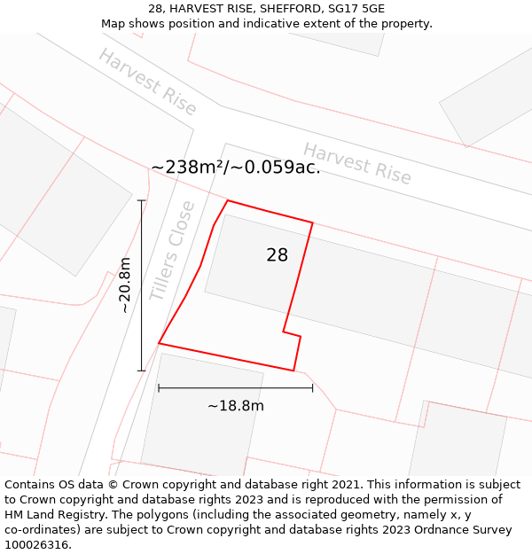 28, HARVEST RISE, SHEFFORD, SG17 5GE: Plot and title map