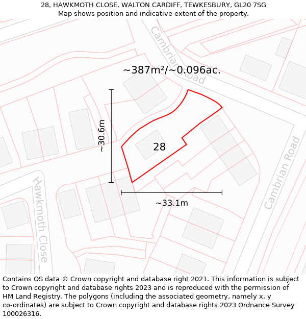 28, HAWKMOTH CLOSE, WALTON CARDIFF, TEWKESBURY, GL20 7SG: Plot and title map