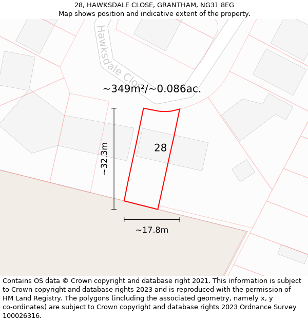 28, HAWKSDALE CLOSE, GRANTHAM, NG31 8EG: Plot and title map