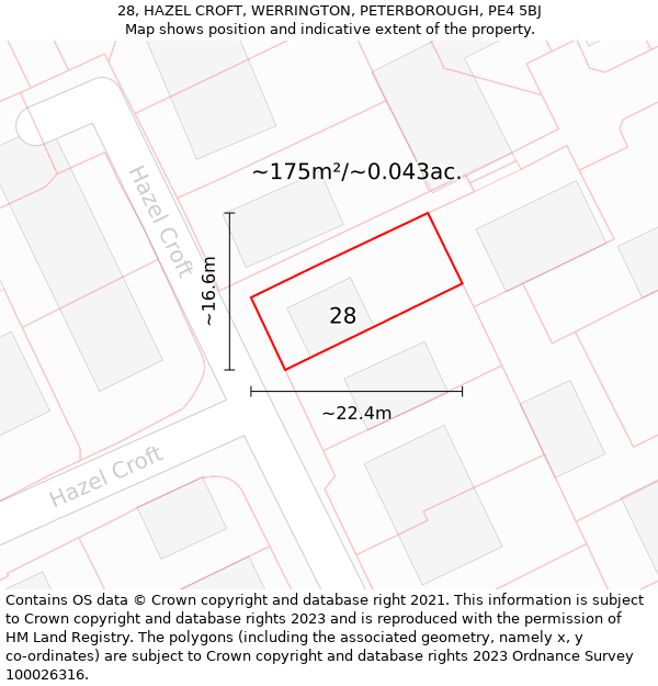 28, HAZEL CROFT, WERRINGTON, PETERBOROUGH, PE4 5BJ: Plot and title map