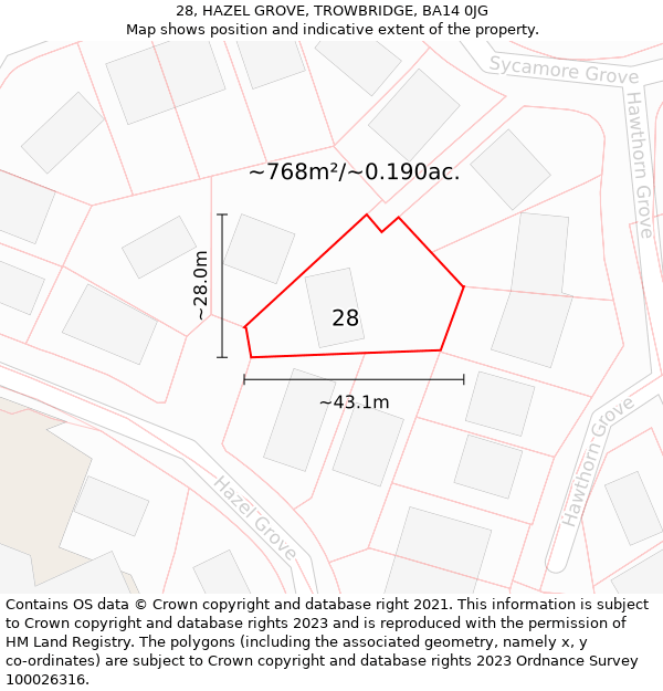 28, HAZEL GROVE, TROWBRIDGE, BA14 0JG: Plot and title map