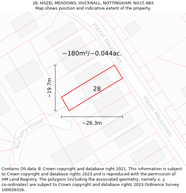 28, HAZEL MEADOWS, HUCKNALL, NOTTINGHAM, NG15 6BX: Plot and title map